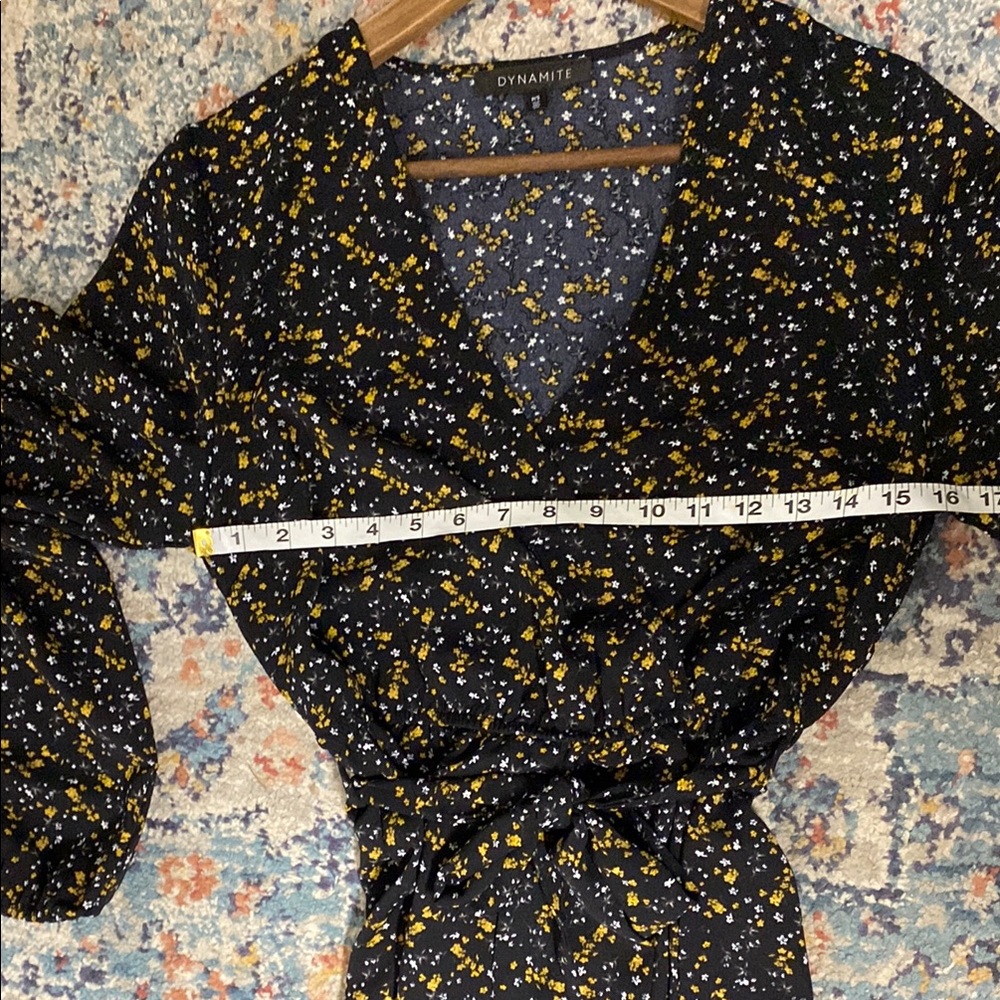DYNAMITE Black and Yellow Floral Wrap Sundress with Bishop Sleeves - Picture 6 of 9